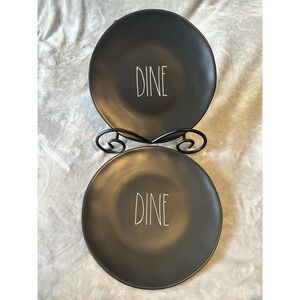 2 DINE 11" Rae Dunn Artisan Collection Dinner Plates Blk White Lettering Magenta